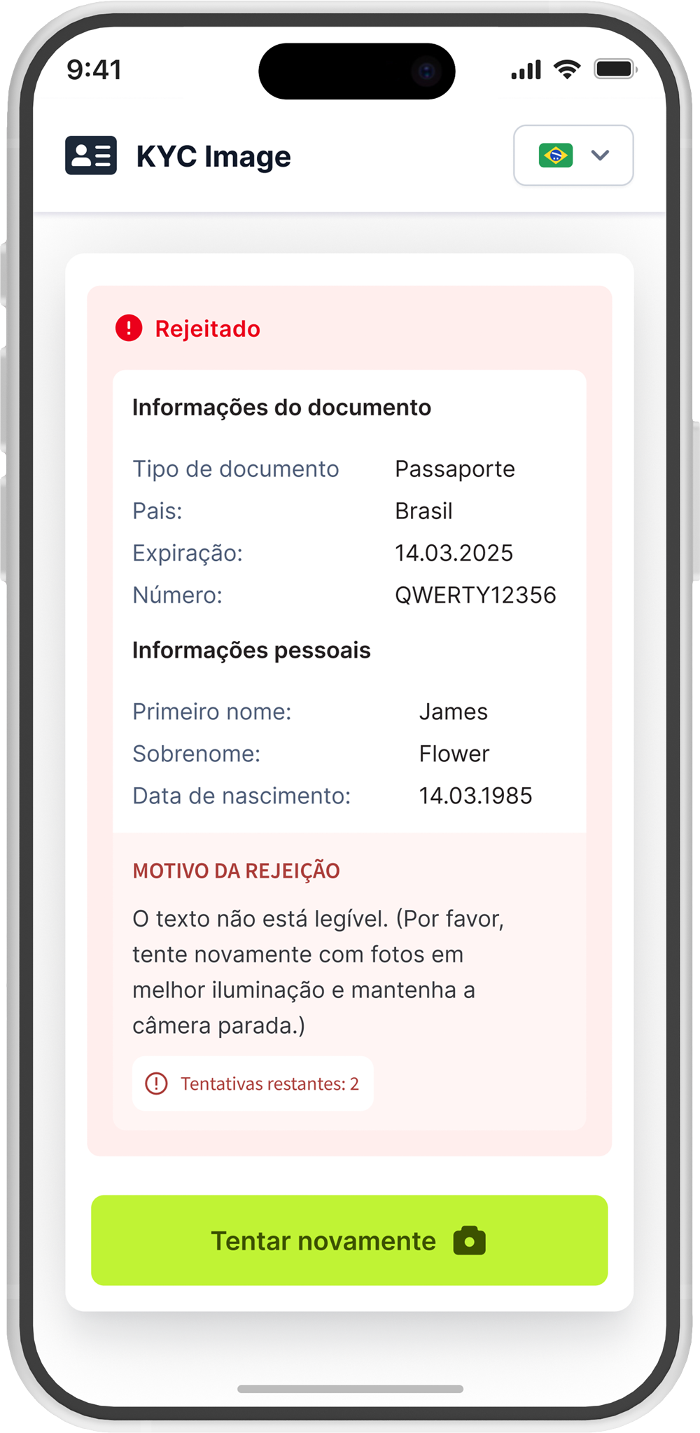 Verificação rejeitada